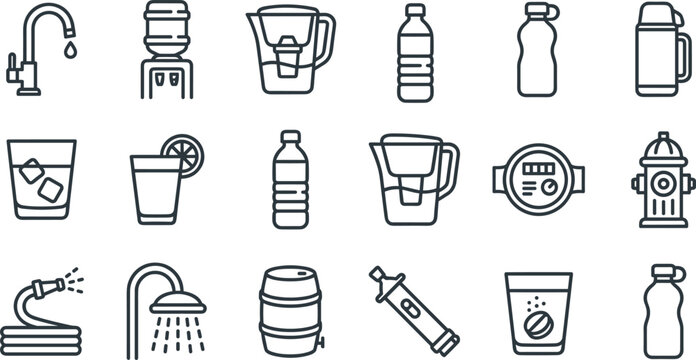 Water Access and Storage Icons Set for Hydration, Drinking, and Plumbing Systems in Household and Commercial Applications