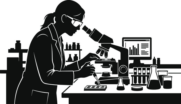Scientist silhouette working with a microscope and laboratory equipment on a white background high quality professional detailed modern elegant stylish clean
