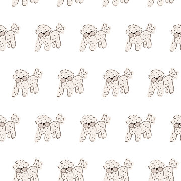 White fluffy dog seamless vector pattern. Doodle repeating dog background. Cute bichon puppy pattern for baby textile, nursery wallpaper, pet shop  wrap print