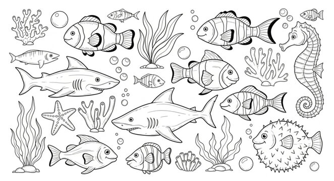 Collection of Hand Drawn Ocean Creatures and Marine Life.