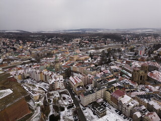 Obraz premium Drone flight over Kłodzko, duwing winter time