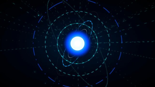 A powerful quantum energy reactor core animation, spinning rapidly while generating intense blue sci-fi power arcs.
