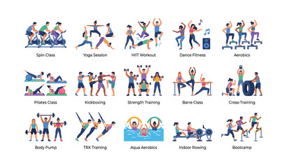 Fototapeta premium Group fitness class icons showing varied exercise activities