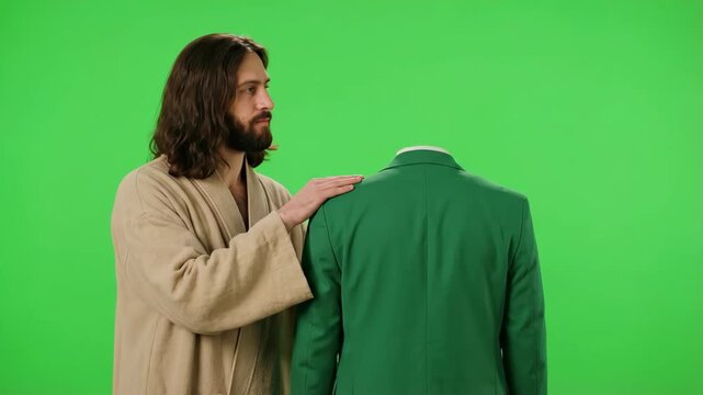 Jesus touching a green manequin jacket on green background. Religious figure interacting with modern clothing. Symbolic spiritual style and fashion concept art.