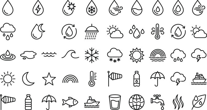 Weather and Environmental Icons Set Featuring Water, Sun, Storm, Temperature, and Eco-friendly Symbols