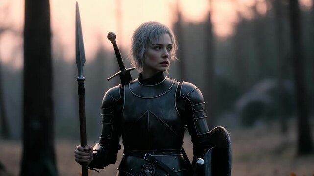 Female warrior in dark armor holding spear, realistic style on blurred forest background, concept of strength and determination