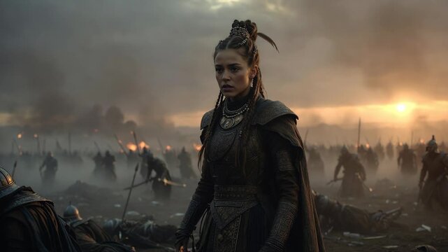 A warrior woman in ornate armor on a smoky battlefield at sunset, cinematic style, on dramatic horizon, concept of courage
