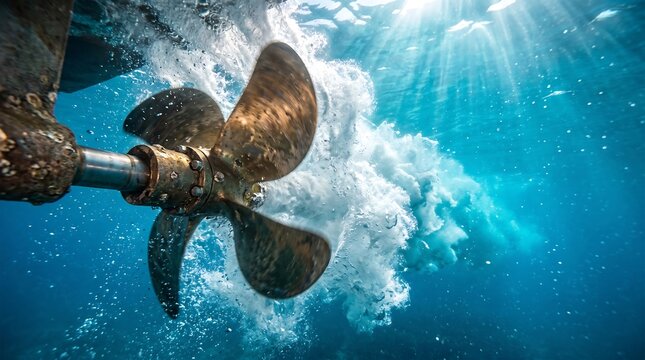 Powerful Boat Propeller Underwater churning turbulent ocean water, perfect for marine advertising, showcasing engine performance, nautical adventure, and travel marketing.