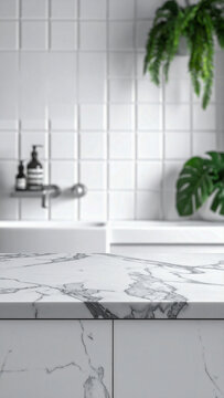 White marble countertop mockup in bright bathroom background
