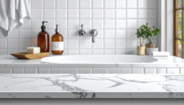 White marble countertop mockup in bright bathroom background