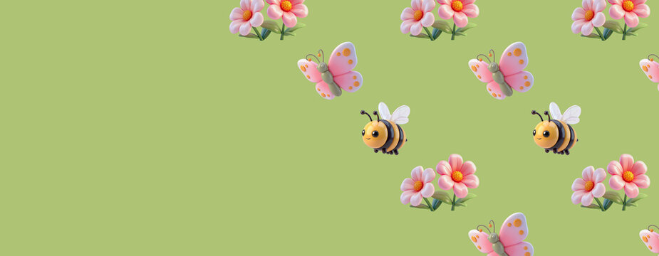 3D isometric spring banner with copy space cute honey bees and butterflies on green background