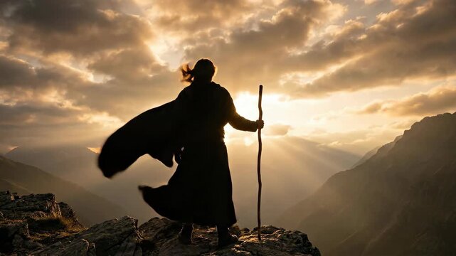 Man dressed as Jesus Christ standing on mountain peak with staff. Spiritual prophet silhouette looking at sunset. Catholic religious figure during faith prayer.