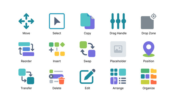 Interface drag and arrangement icons in grid on white background