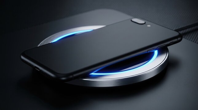 Black smartphone charging on circular metal pad, glowing blue light ring illuminating dark surface charger, wireless power transfer technology, sleek electronic device hardware circle glow base.