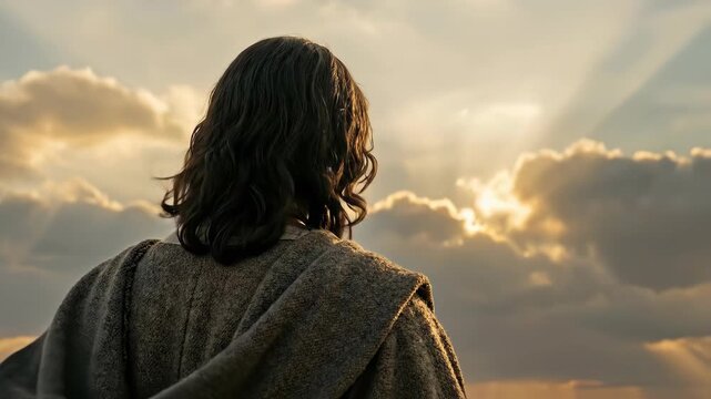 Jesus Christ standing and looking at the bright sunlight in the clouds. Religious scene depicting a man in a robe during Easter. Catholic spiritual concept.