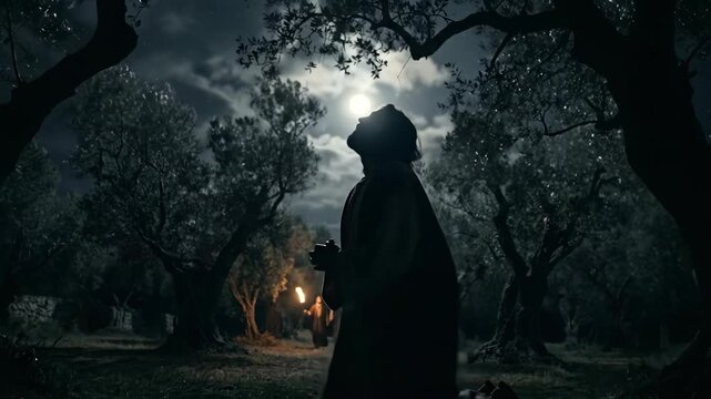 Jesus kneeling in prayer in the garden of Gethsemane at night. Silhouette of a man praying under the moon with olive trees. Faithful Christian religious scene.
