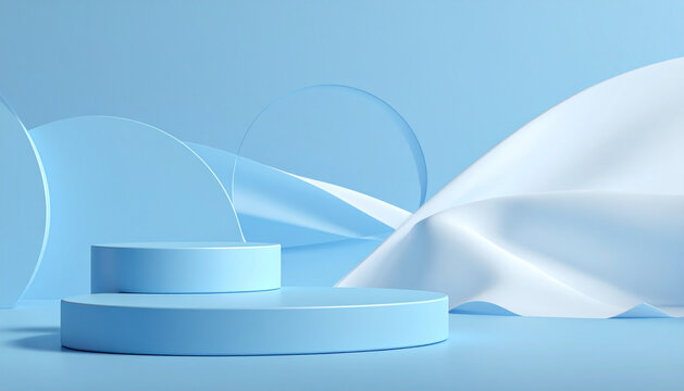 Geometric circular blue podium on a solid light blue background for clean minimalist product mockup and commercial advertising presentation in a bright studio setting with soft shadows