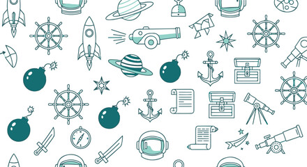 Seamless pattern of adventure and exploration line icons featuring space rockets planets pirate anchors cannons telescopes and treasure chests vector illustration © Abul