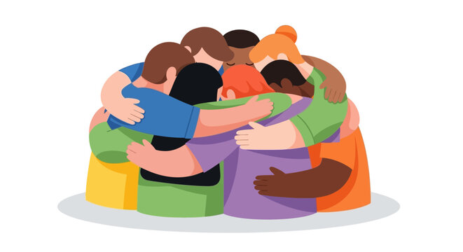 Vector illustration of a happy cartoon family of four with a mother, father, and two children holding hands together in love