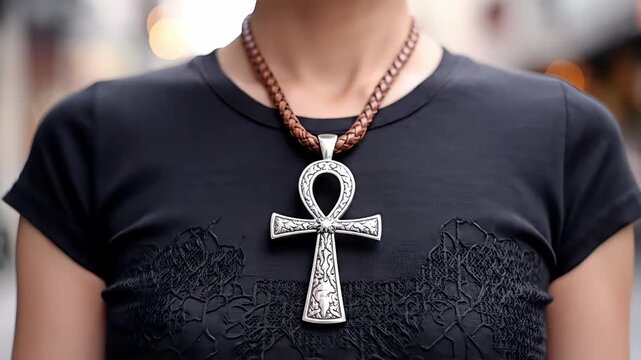 Person wearing an ankh pendant necklace with brown beads and black t-shirt