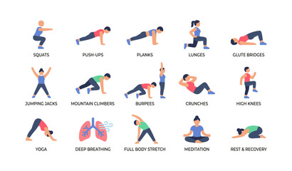 Fototapeta premium Exercise illustrations showing common workout moves on white