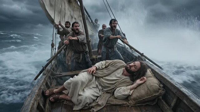 Jesus resting in a boat during a storm as disciples row in the turbulent sea. Biblical miracle scene in the Galilee ocean. Faith, divine peace, and holy calm.