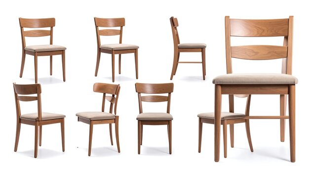 Several views of a wooden chair with a light beige cushioned seat and simple backrest design. Chair is isolated on a white backdrop