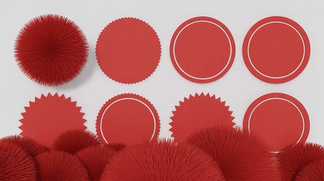Red pom poms and circles on white background