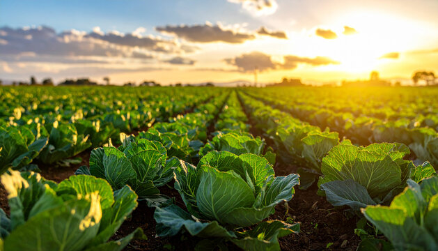 Horizontal wide shot of a green cabbage field with rows of fresh plants growing under a beautiful sunset sky for agricultural industry food supply chain and organic farming landscape concepts