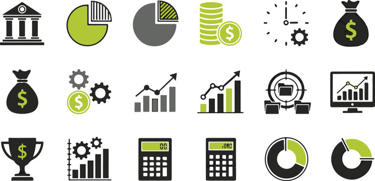 Professional finance and banking flat glyph icon set with data charts business analytics currency bags and investment growth vector illustration