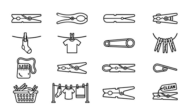 Laundry Clothes Pins and Pegs Icon Set: Minimalist Vector Illustrations of Clotheslines, Drying Accessories, and Household Chore Symbols