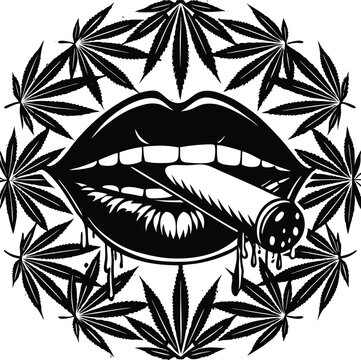 Black and white cannabis, marijuana lips icon, weed leaf vector, smoking lips logo