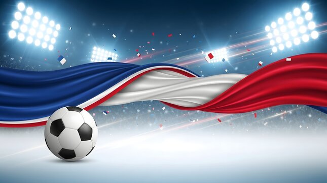 Soccer ball with waving french flag in stadium