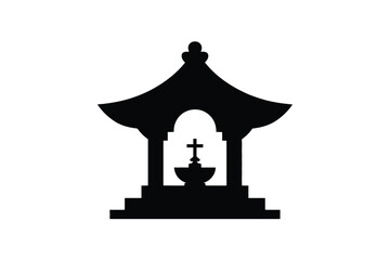 Fototapeta premium Black silhouette of a traditional asian style pagoda structure with a christian cross symbol inside, isolated on a white background, representing religious architecture, fusion, and faith