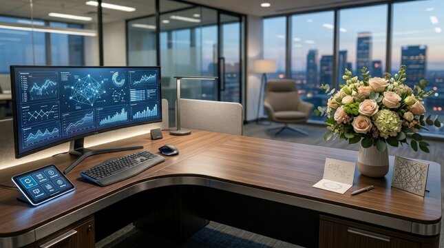 Panoramic smart office desk with abstract dashboards and automation interface