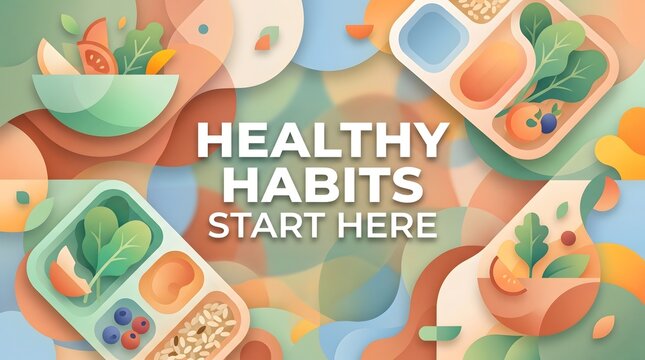 Healthy Habits Start Here: Balanced Nutrition Meal Prep Illustration, Vibrant Organic Food Portions, Wellness Lifestyle Graphic