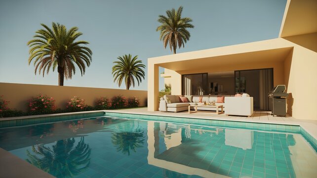 Modern outdoor swimming pool with lounge chairs and palm trees in sunny resort setting