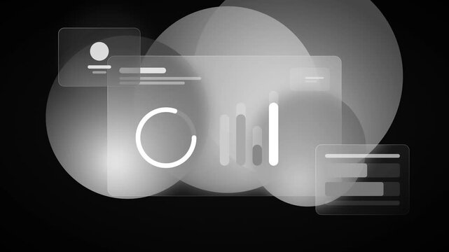 A highly professional monochrome glassmorphism UI, displaying clean, frosted dashboard elements for corporate presentations.