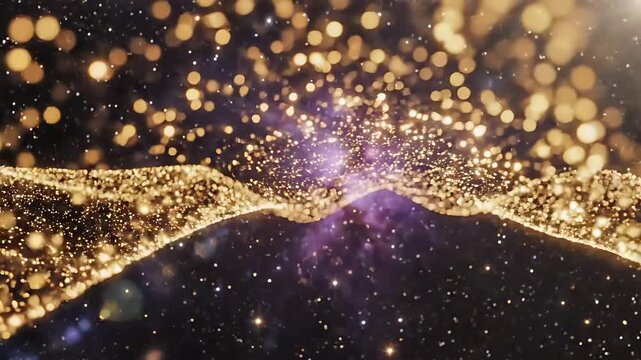 Glowing golden particles wave against starry night sky background