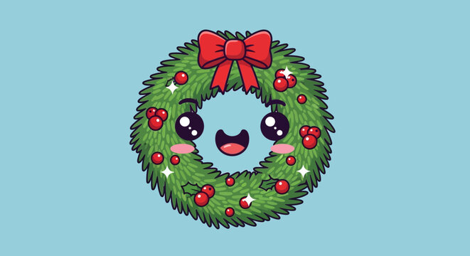 Cartoon Christmas Wreath with Face.