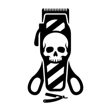 Barber skull with pole clippers and scissors vector