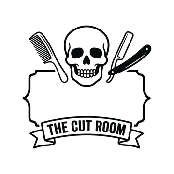 Cut room barber skull with comb and razor vector