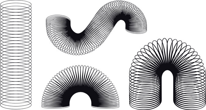 Vector illustration of coiled spring toy in multiple shapes representing elasticity, flexibility, motion, and playful design