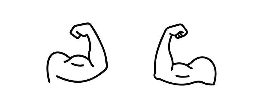 Strong muscle arm web line icons set flexing bicep muscle powerful arm strength bodybuilding fitness pose athletic muscle showing vector with editable stroke