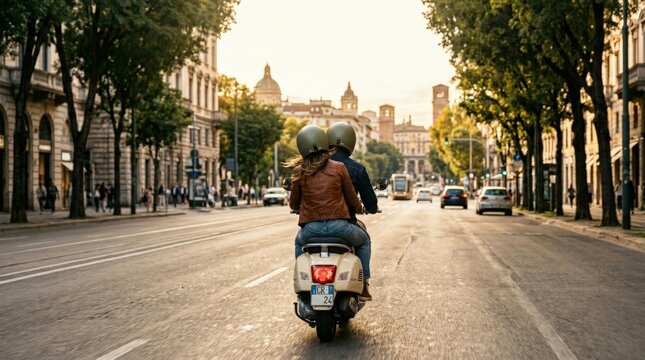 Romantic city ride captured behind helmeted couple on scooter