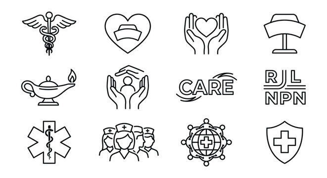 Set of nursing icons, including medical symbols, nurse caps, care, and healthcare professionals, isolated on white background