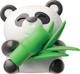 Fototapeta premium Cute panda with bamboo branch 3D cartoon vector illustration, Asian bear with black and white wool, China wild animal