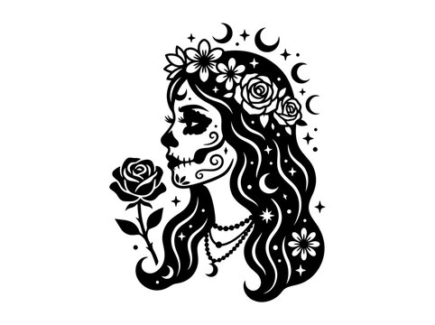 Gothic sugar skull rose woman portrait