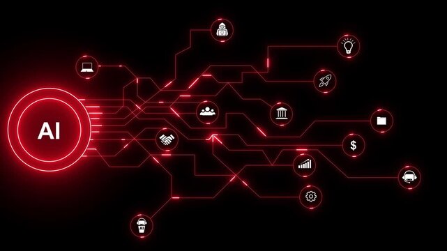 AI Circuit Board with Icons and Red Neon Glow artificial intelligence technology. AI and Circuit Network Technology Driving Digital Innovation and Smart Systems.4k animation motion video..