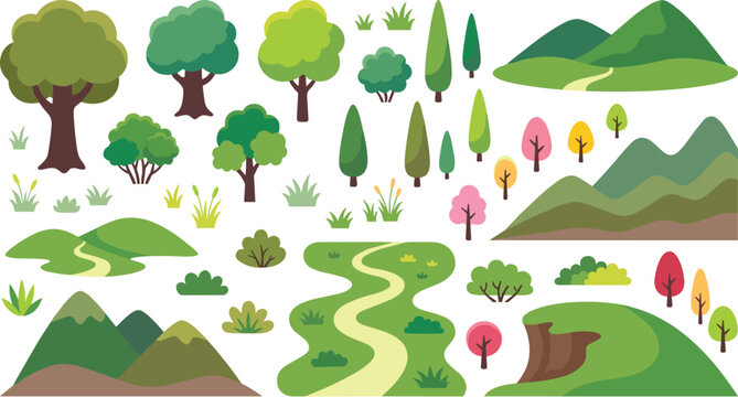 Large set of flat nature landscape elements including green trees mountains hills bushes and winding paths for outdoor map creation